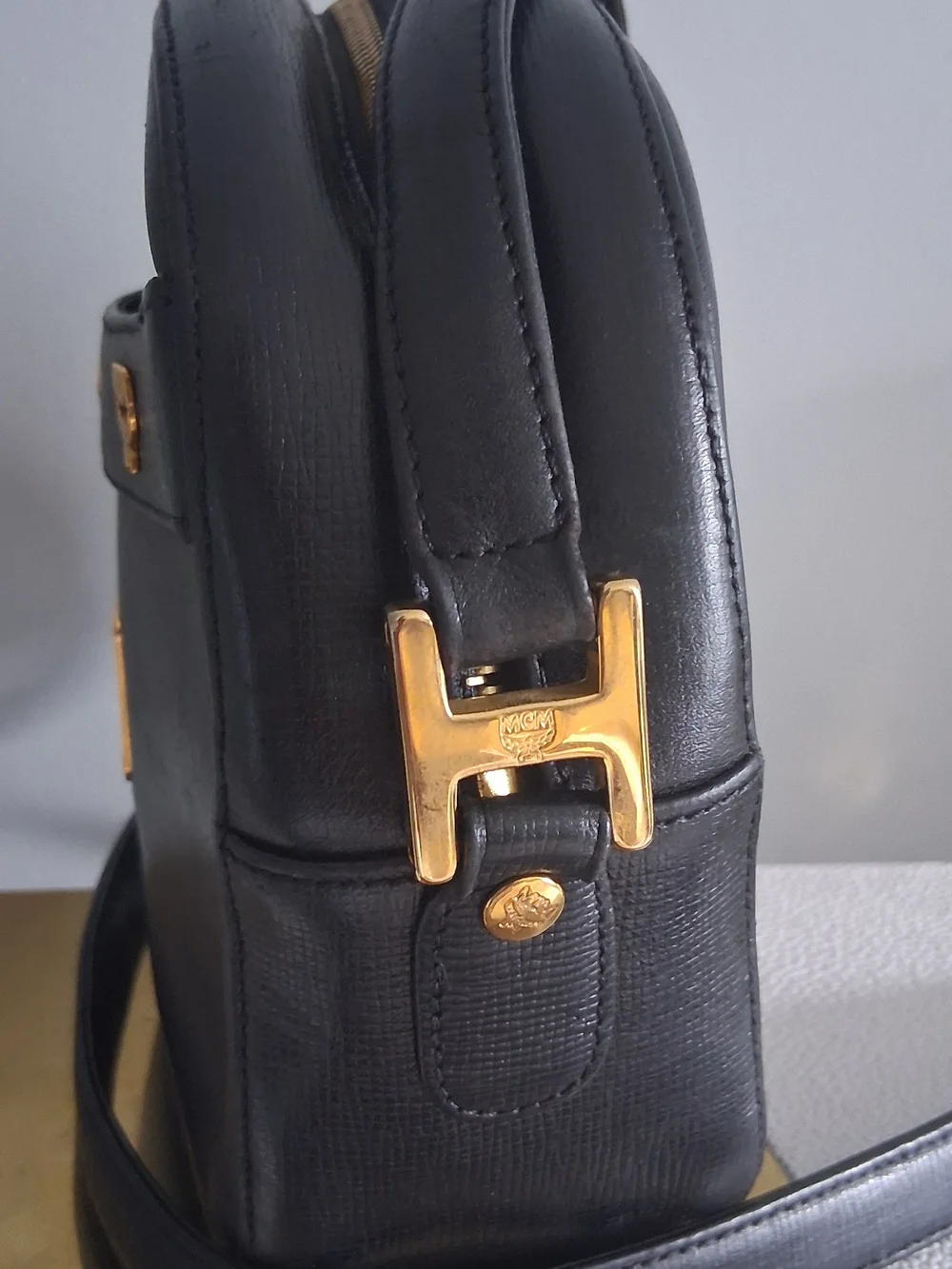 💯Authentic..  MCM Black Leather Crossbody Bag with Gold Hardware